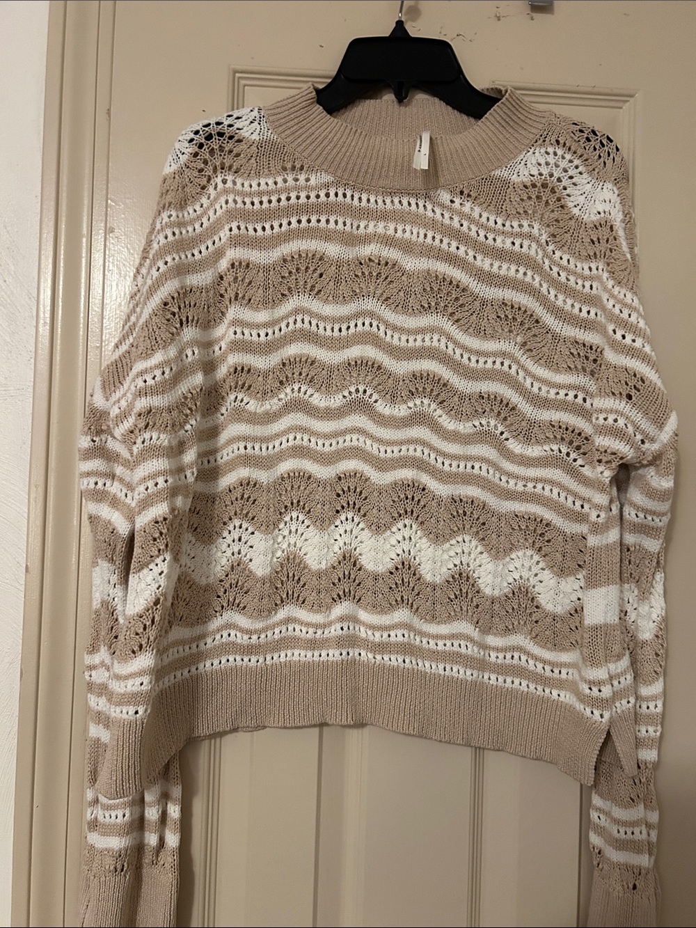 Anthropologie Cream & Tan Open-Knit Wave Crew Sweater and skirt set.